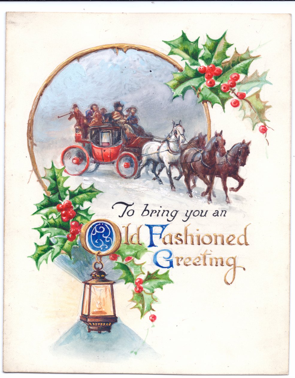 1952 dolaylarında bir posta arabası, fener ve kutsal Noel kartı için orijinal sanat eseri by (after) English School