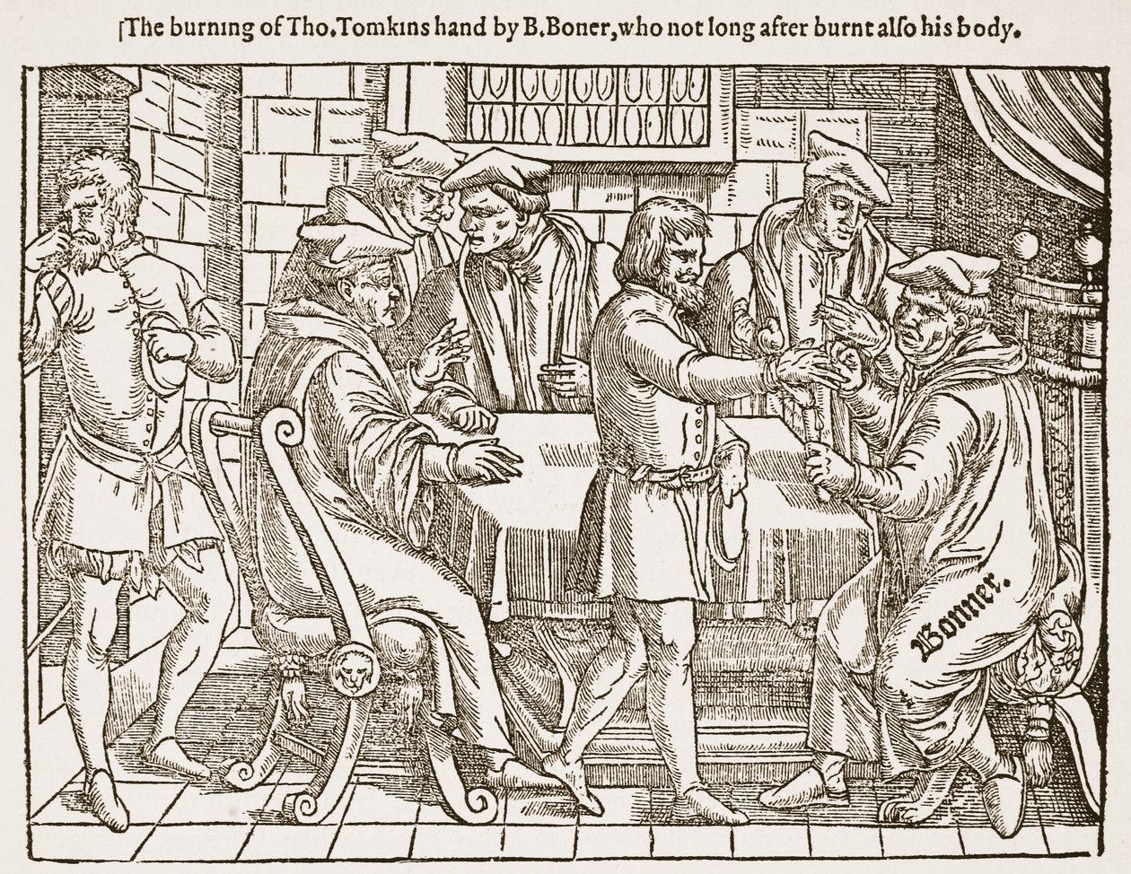 Tho'nun yanması. Tomkins'in eli, kısa bir süre sonra vücudunu da yakmış olan B. Boner tarafından, HDM Spence-Jones tarafından yazılan 'The Church of England: A History for the People'dan bir örnek, pub. c.1910 (lito) (sepya fotoğrafı) by (after) English School