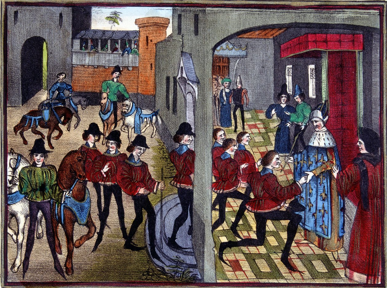 Charlemagne, 4 Aymon oğlunu sarayda kabul eder ve onları şövalye ilan eder - Huon de Villeneuve'nin 13. yüzyıldan kalma bir minyatüründen sonra by (after) French School