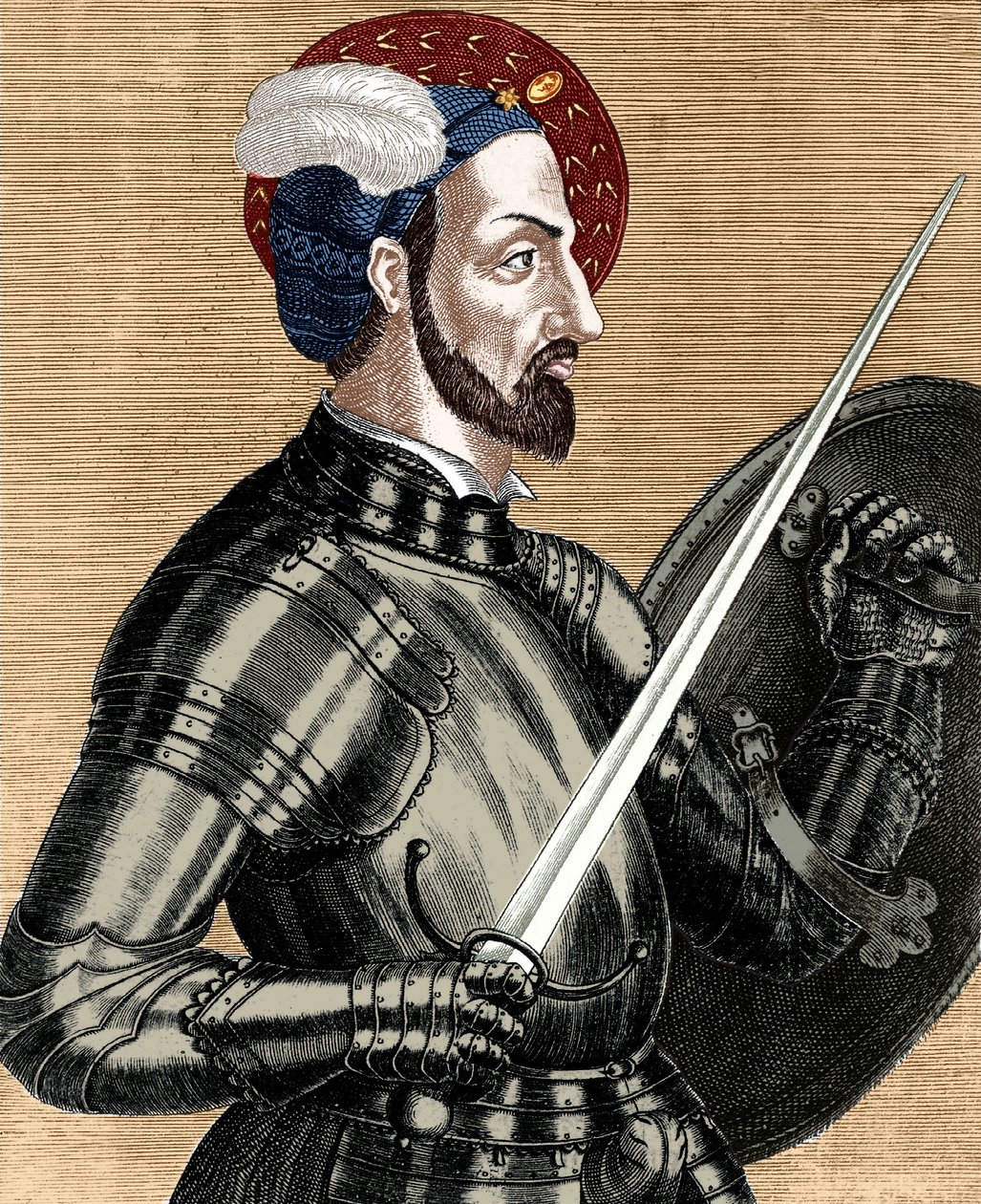 Charles of Bourbon (1490-1527), Fransız ordularının en yüksek komutanı, renklendirilmiş belge oyma by (after) French School