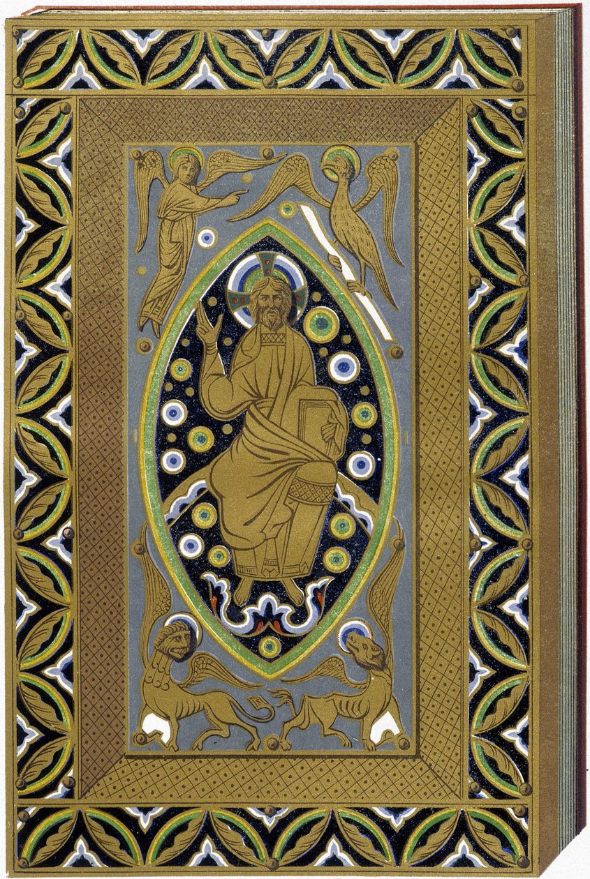 4 evangelistin (Tetramorf) sembolleriyle Mandorla'da İsa. 13. yüzyıldan kalma bir emaye ciltlemeyi yeniden üreten litografi. by (after) French School