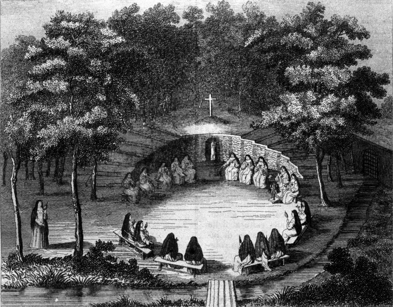 Yalnızlık içinde bir konferansta Port Royal des Champs (Port-Royal-des-Champs) manastırının rahibeleri. 18. yüzyıl Fransız okulunun bir parşömeninden sonra gravür. by (after) French School