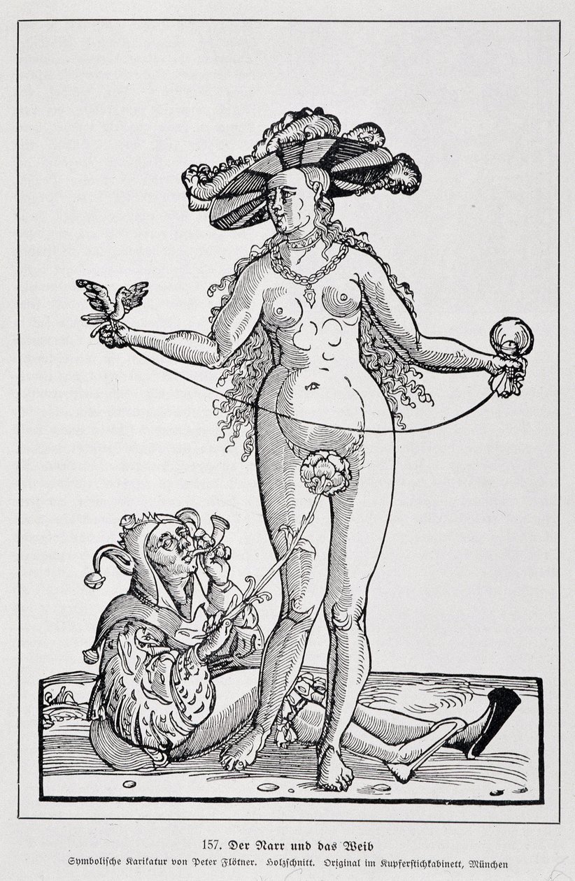 Penisini çiçekle gıdıklayan kadın ve deli adam, "Der Rarr und das Weib", "Geschichte des Erotischen Kunst", Edouard Fuchs, Berlin by (after) German School