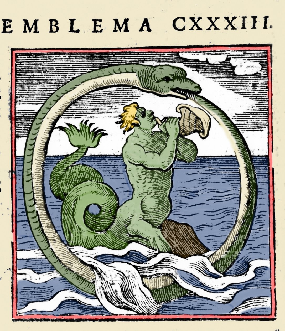Bir triton ve bir ouroboros, Andrea Alciati (renkli taş) tarafından "Amblemler" (kitapçığın Amblemleri) illüstrasyonu by (after) Italian School
