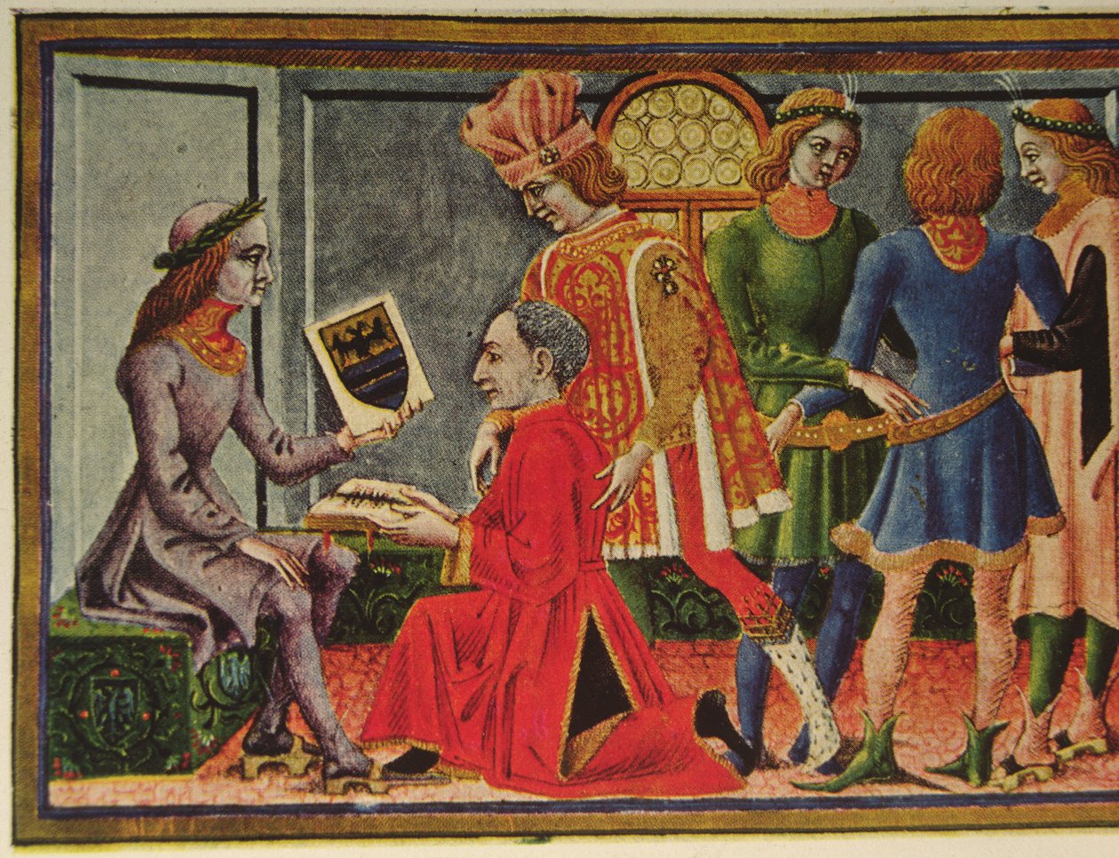 İmparator Frederick III, astronom Giovanni Bianchini'nin 'Astroloji Tabletleri' (renkli lito) kitabını alırken by (after) Italian School