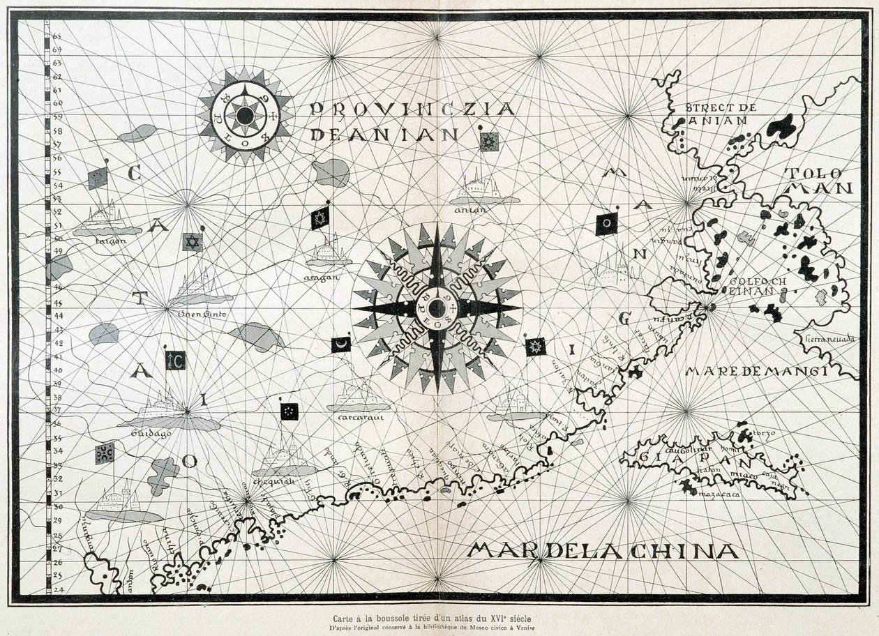 Venedik'teki Museo Civico kütüphanesinde korunan orijinaline dayanan 16. yüzyıldan kalma bir atlastan pusula haritası by (after) Italian School