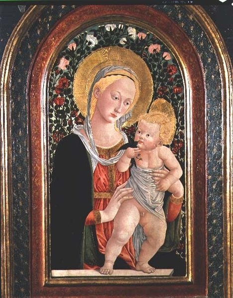 Madonna ve Çocuk, Çocuk ayakta, bir kuş tutuyor by (after) Pier Francesco Fiorentino