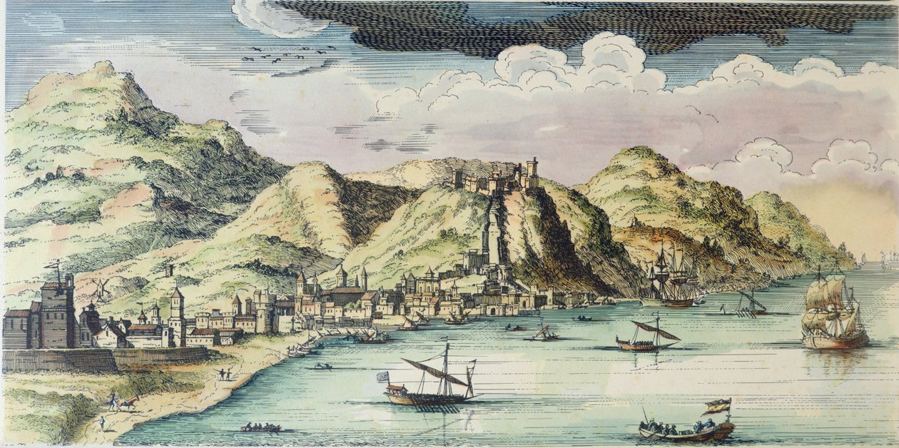 Malaga şehrinin görünümü, İspanya (renkli gravür) by (after) Spanish School