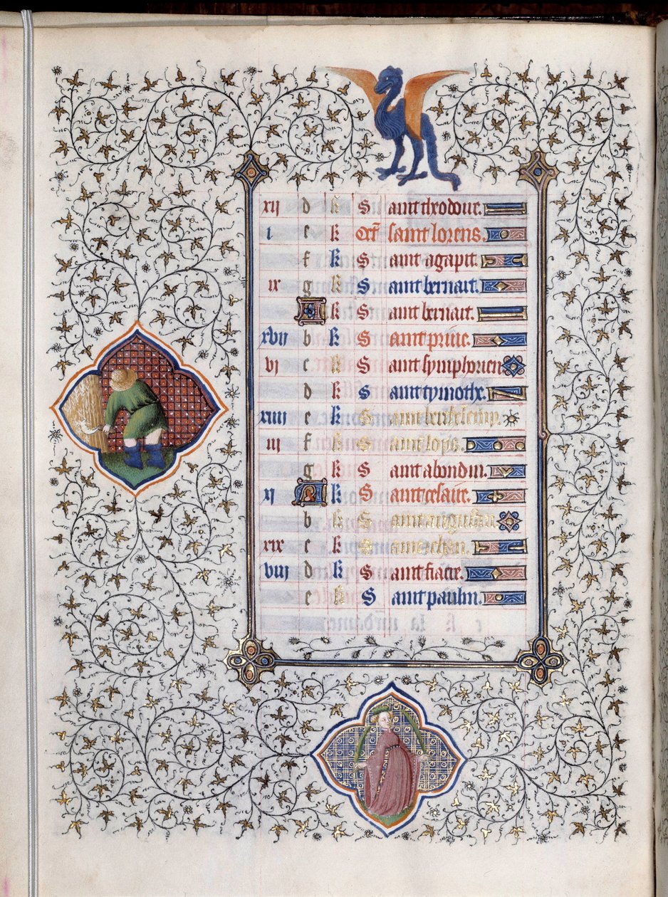 El yazması sayfası “” Les Tres Riches Hours du Duke Francois de Guise””” Zodyak işaretleri ve tarımsal çalışmanın temsili, hasat. Boucicaut Ustasının Minyatür by (and workshop) Boucicaut Master