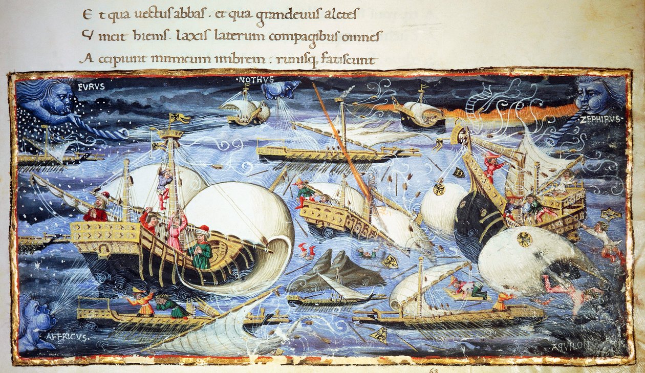 Yelkenli gemiler, Aeneid için illüstrasyon, Virgil'in (MÖ 70-19) epik şiiri, Apollonio di Giovanni'ye (1415-1465) atfedilen minyatür by (attr. to) Apollonio di Giovanni