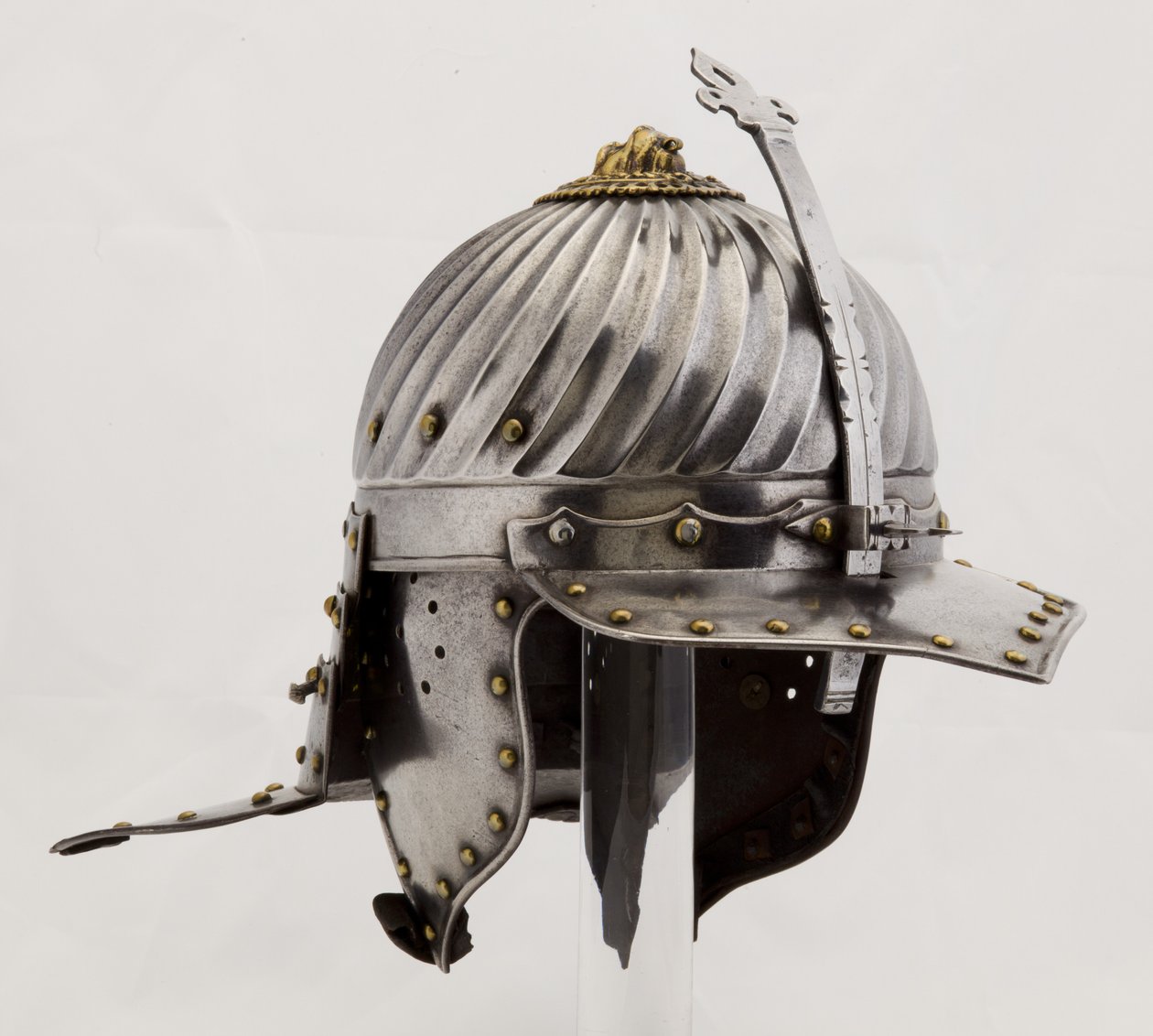 Zischägge, c.1620-25 (çelik, demir, pirinç ve deri) by (attr.to) German School