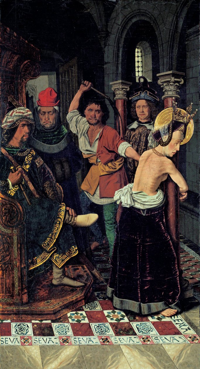 Aziz Engracia'nın Kırbaçlanması, c.1475 (tahta üzerine yağlı boya) by Bermejo