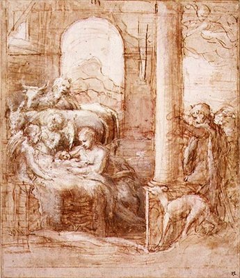PD.119-1961 The Nativity, c.1522 (kalem ve mürekkep, yıkama ve tebeşir) by (c.1489 1534) Correggio