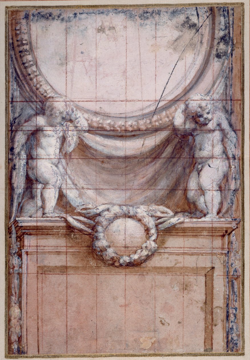 Boş bir madalyonu destekleyen iki putti (kağıt üzerinde beyaz ile yükseltilmiş kırmızı tebeşir) by (c.1489 1534) Correggio