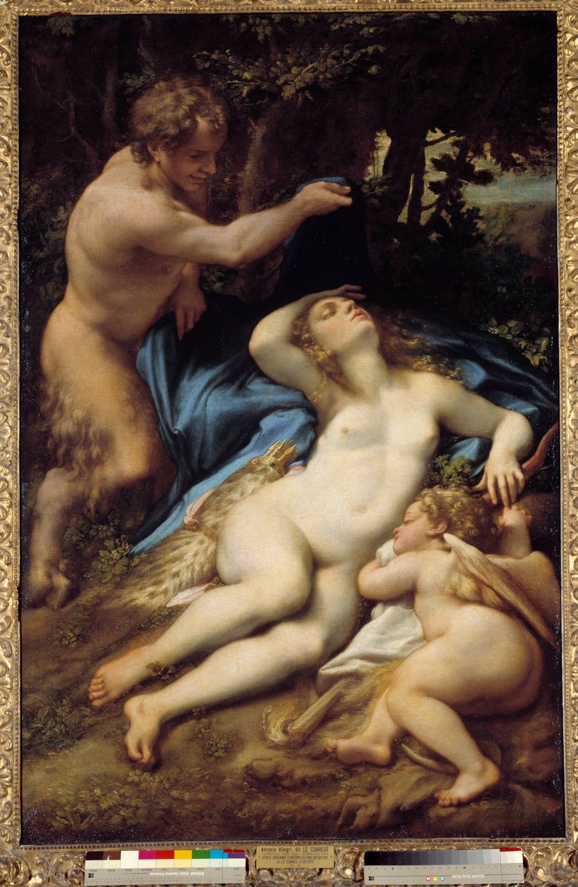 Antonio Allegri (Correggio veya Le Correge 1489-1534 olarak bilinir) tarafından Venüs, Satyr ve Aşk Tanrısı Tablosu 1525 Güneş. 1.88x1.25m by (c.1489 1534) Correggio