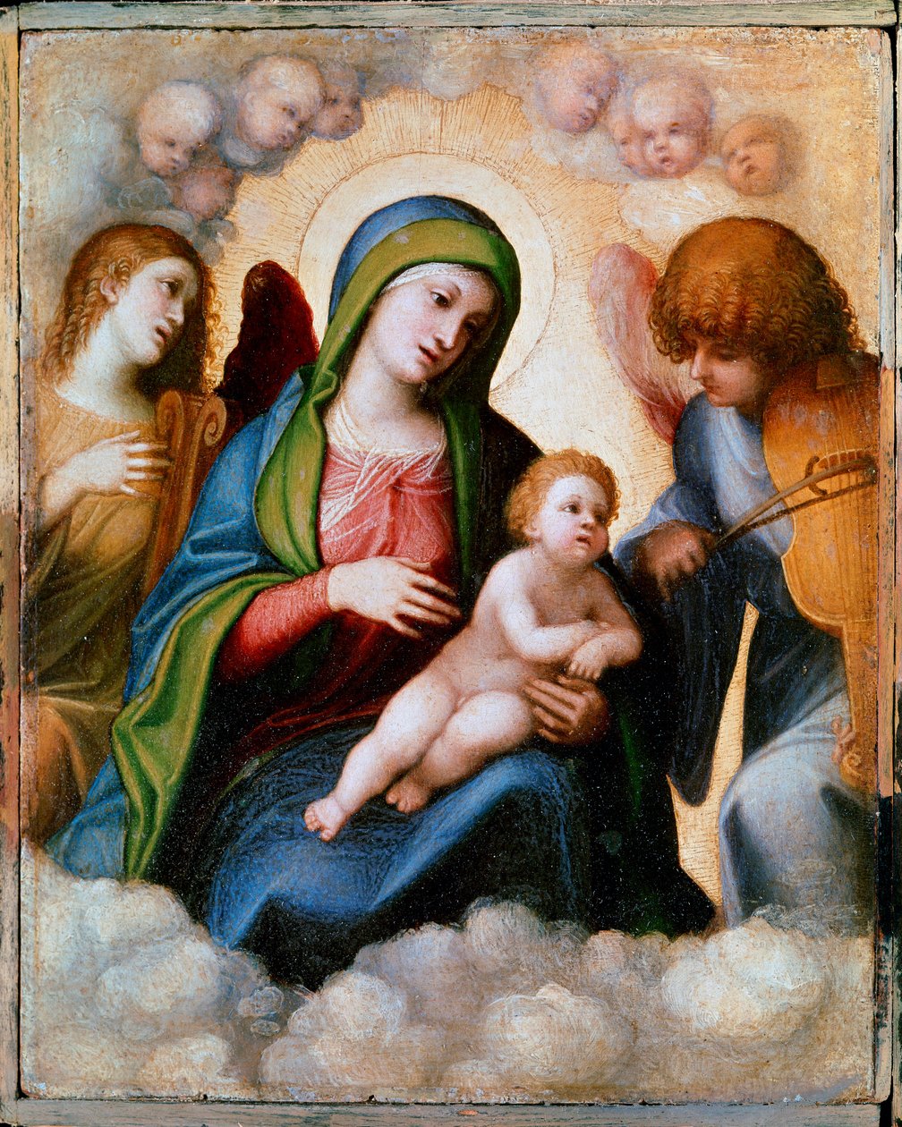 İki Melek ve Kerubinlerle Çevrili Bakire ve Çocuk Tablosu, Allegri Antonio dit Il Correggio (Correge) by (c.1489 1534) Correggio