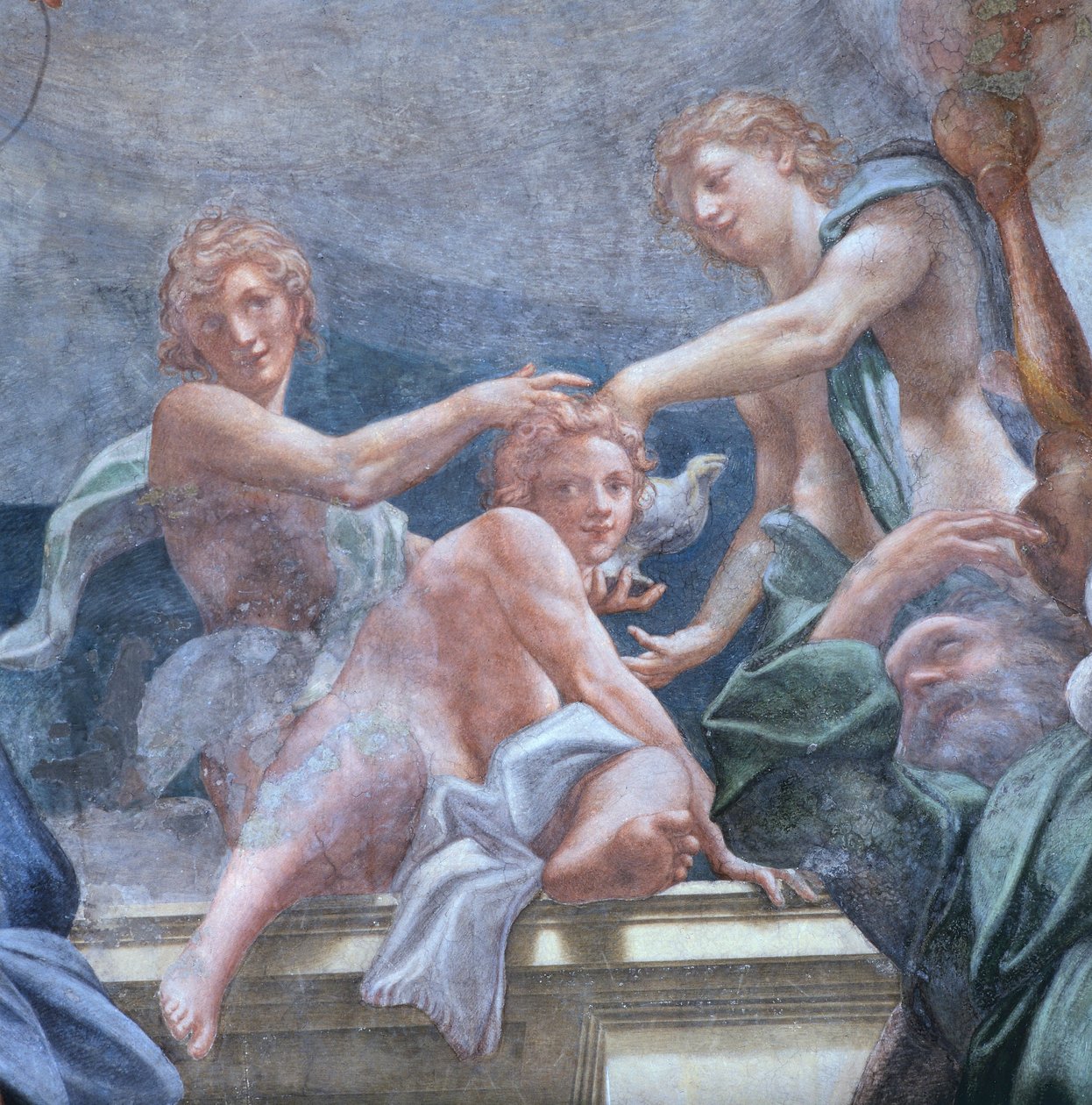 Balkondaki gençler, Antonio Allegri Da Correggio (1489-1534) Parma Katedrali kubbesindeki fresklerin detayı, İtalya by (c.1489 1534) Correggio