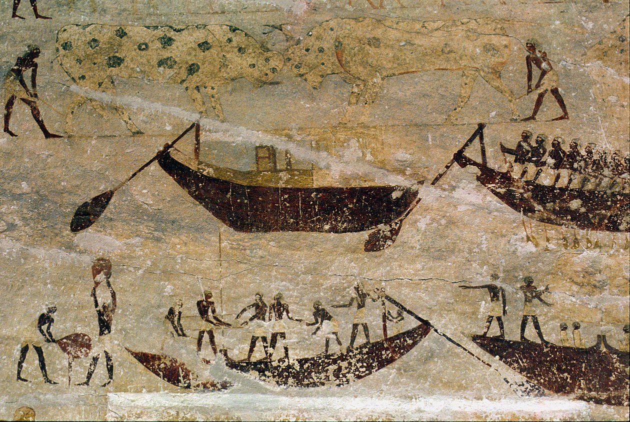 Boats going downstream, detail from a tomb wall painting, Egyptian, Old to Middle Kingdom (painted limestone) by Unknown