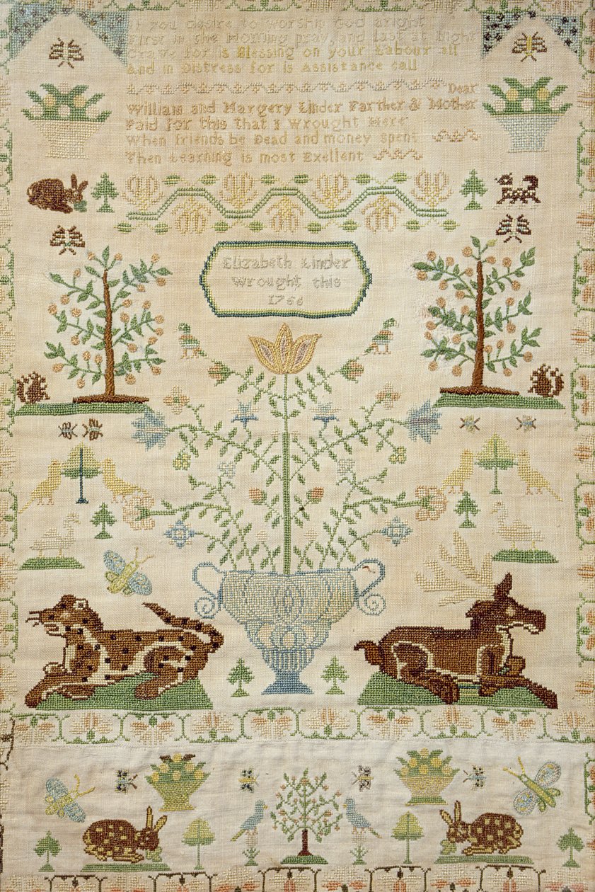 Bir dua ile kanaviçe örnekleyici, Elizabeth Linder tarafından çalıştı, 1756 (ipek işi) by Unknown
