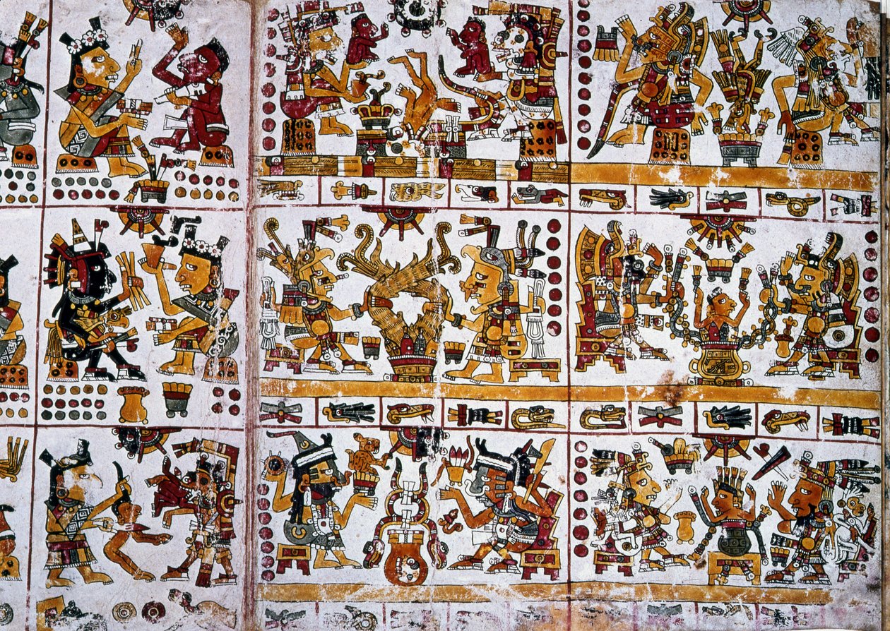 Detail from a facsimile Copy of a page of the Codex Borgia showing six couples of gods representing divination for couples  by Unknown