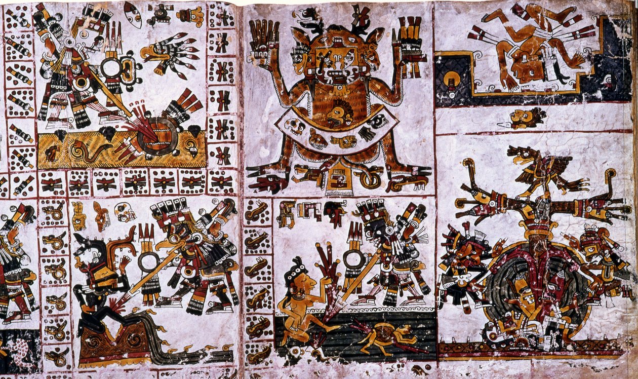 Detail from a facsimile Copy of a page of the Codex Borgia showing the attacks of Tlauizcalpantecuhtli, the god Venus  by Unknown