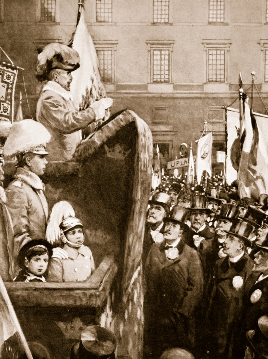 İsveç Kralı Charles XV, ülkeyi savunmak için artan silahlanma hakkında bir kalabalığa hitap ediyor, 1866 by Unknown
