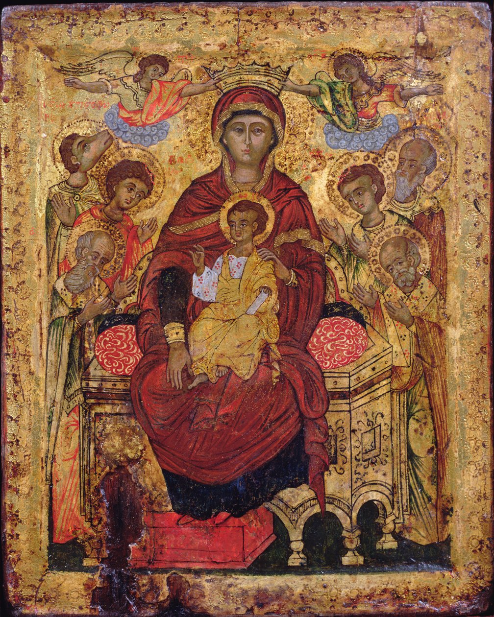 Azizler ile taçlandırılmış Madonna ve Çocuk, Yunan Adaları simgesi, 18. yüzyılın başları (panelde mizaç) by Unknown