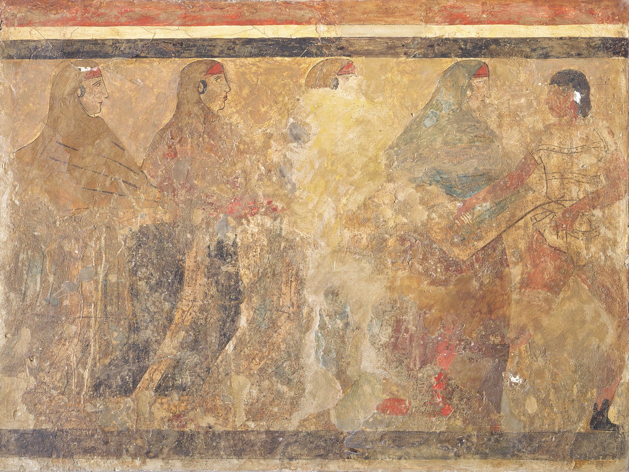 Kona sem leikur á bogahörpu, smáatriði úr málverki frá grafhýsi, egypskt, gamalt til miðríki (málað kalksteinn) ki by Unknown