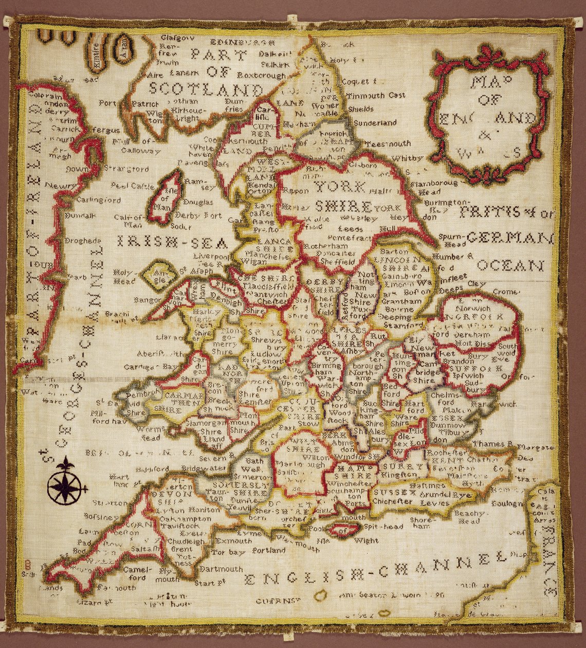 Sampler depicting a Map of England and Wales, chain, double back and satin stitch, by Ann Seaton of Lincoln, 1798 by Unknown