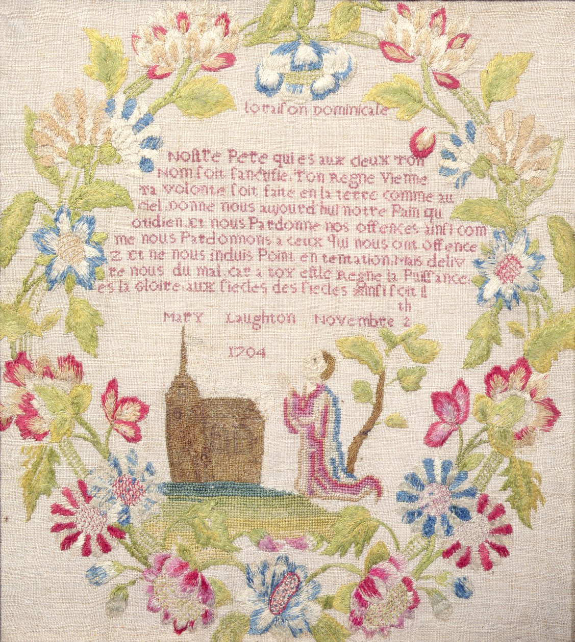 Mary Laughton, 1704 (ipek işi) Mary Laughton, 1704 tarafından yapılan, diz çökmüş bir figürün üzerinde Fransızca Lords Prayer ile Sampler by Unknown
