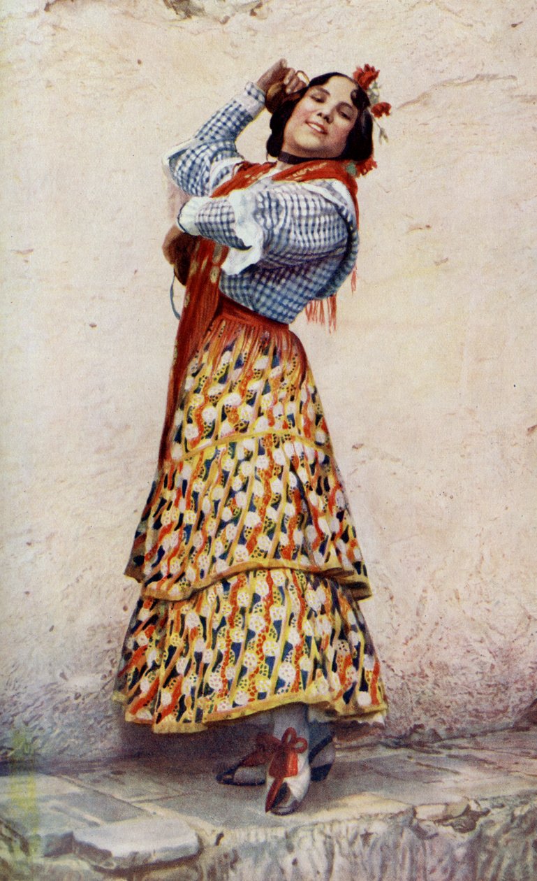 İspanya. Mavi-siyah saçlı Granada çingene kızı ilahi bir şekilde dans ediyor. 1920 by Unknown