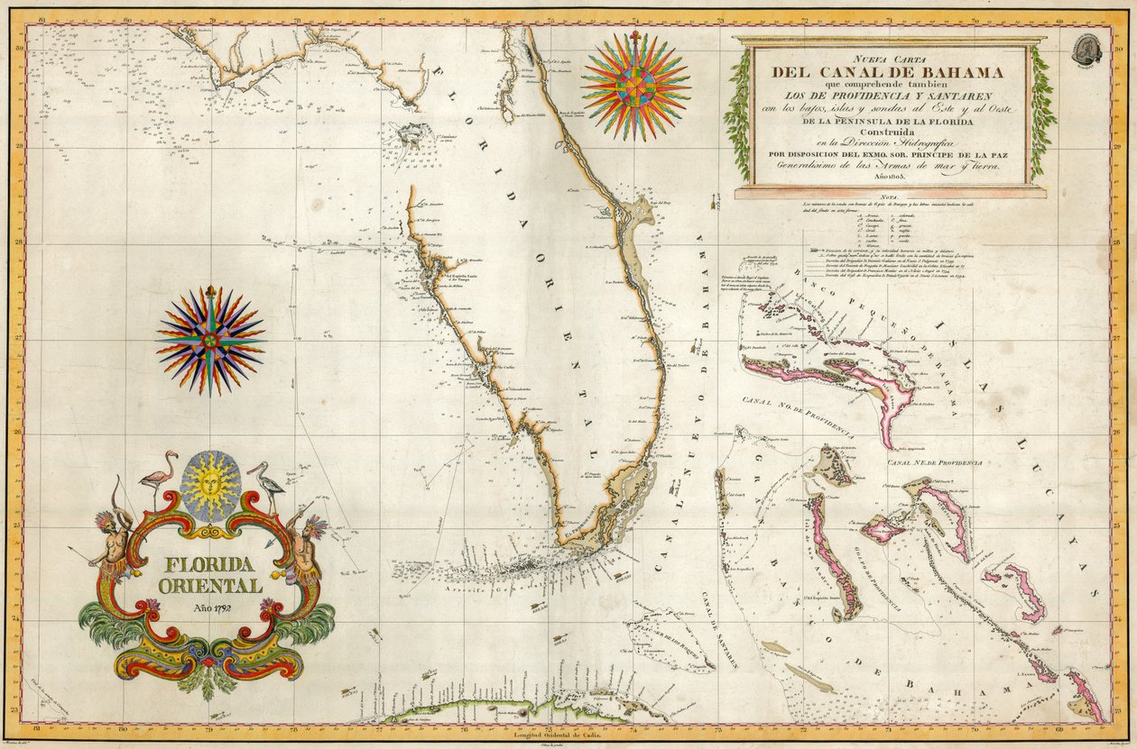 Florida ve Bahamalar İspanyol haritası, 1805 (el renkli gravür) by Unknown