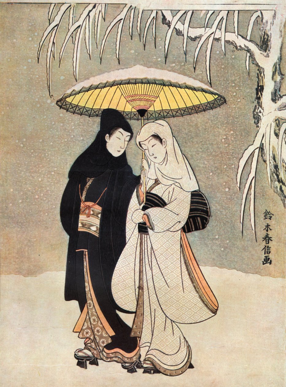 Suzuki Harunobu Şemsiyenin Altında Karda İki Aşık by Unknown