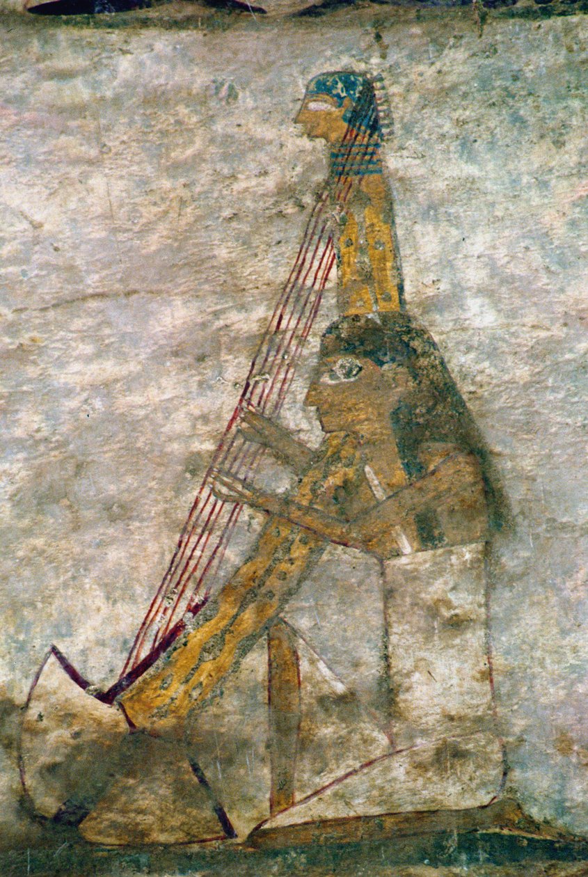 Woman playing an arched harp, detail from a tomb wall painting, Egyptian, Old to Middle Kingdom (painted limestone) by Unknown
