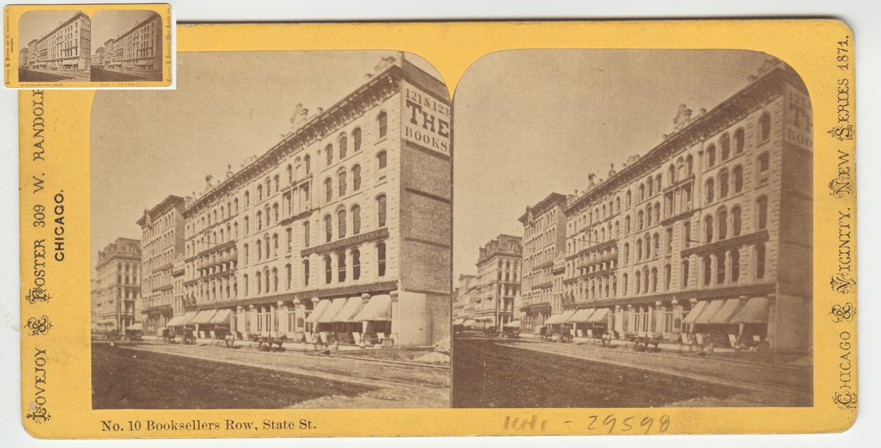 Kitapçılar Sırasının Stereografı, Chicago, 1871 (kart yuvasındaki bw fotoğraf) by American Photographer