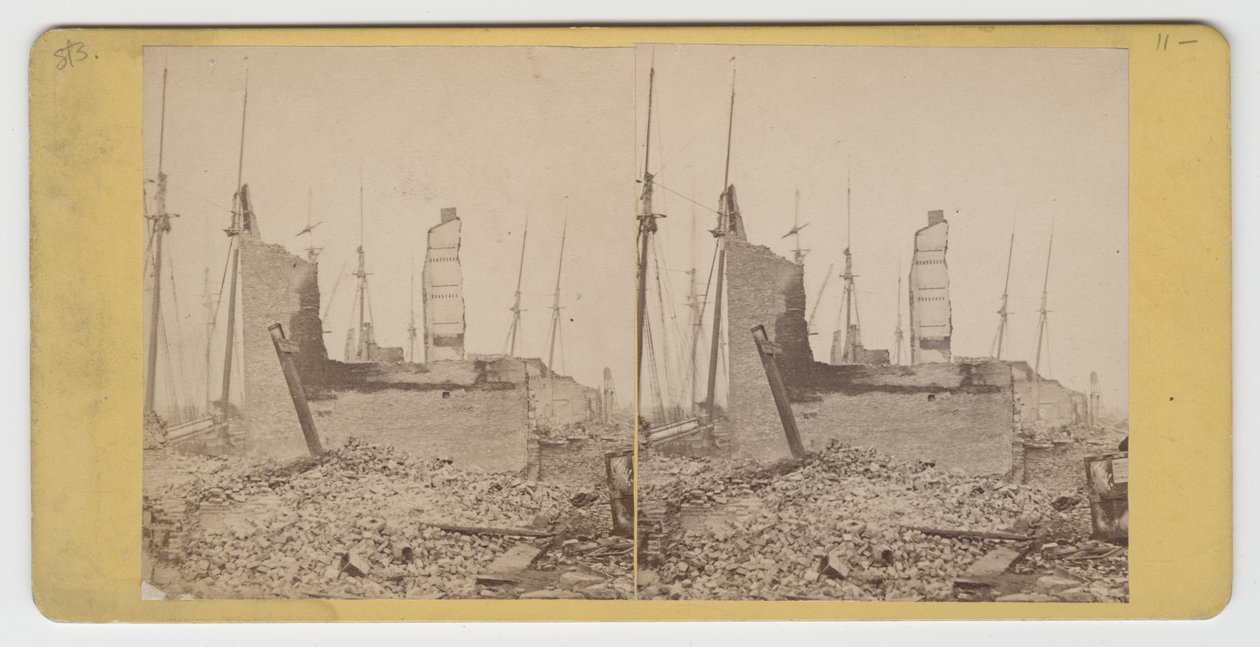 1871 Chicago Yangınından sonra Clark ve Wells arasındaki South Water St. manzarasının stereografı by American Photographer