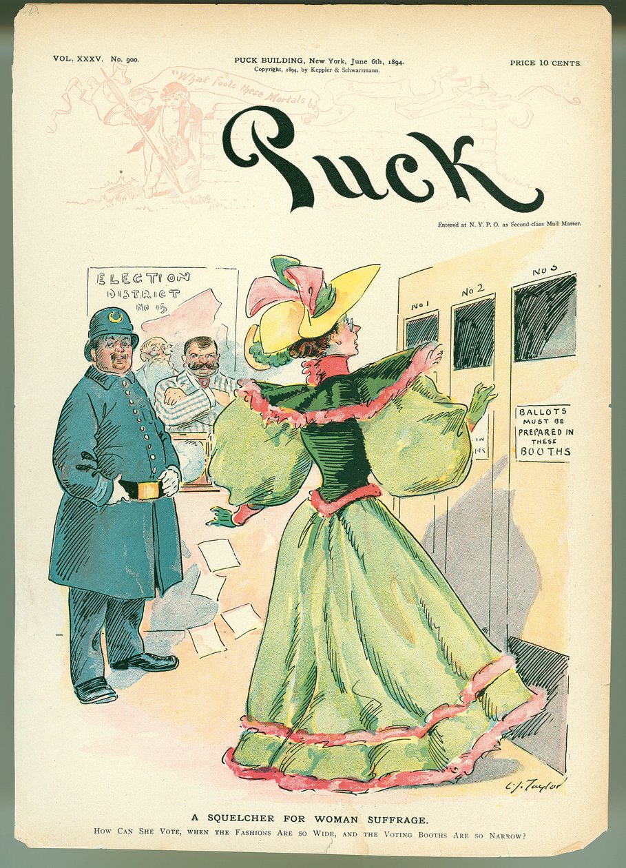 Kadına Oy Hakkı İçin Bir Susturucu, Puck dergisi kapak resmi, 6 Haziran 1894 by American School