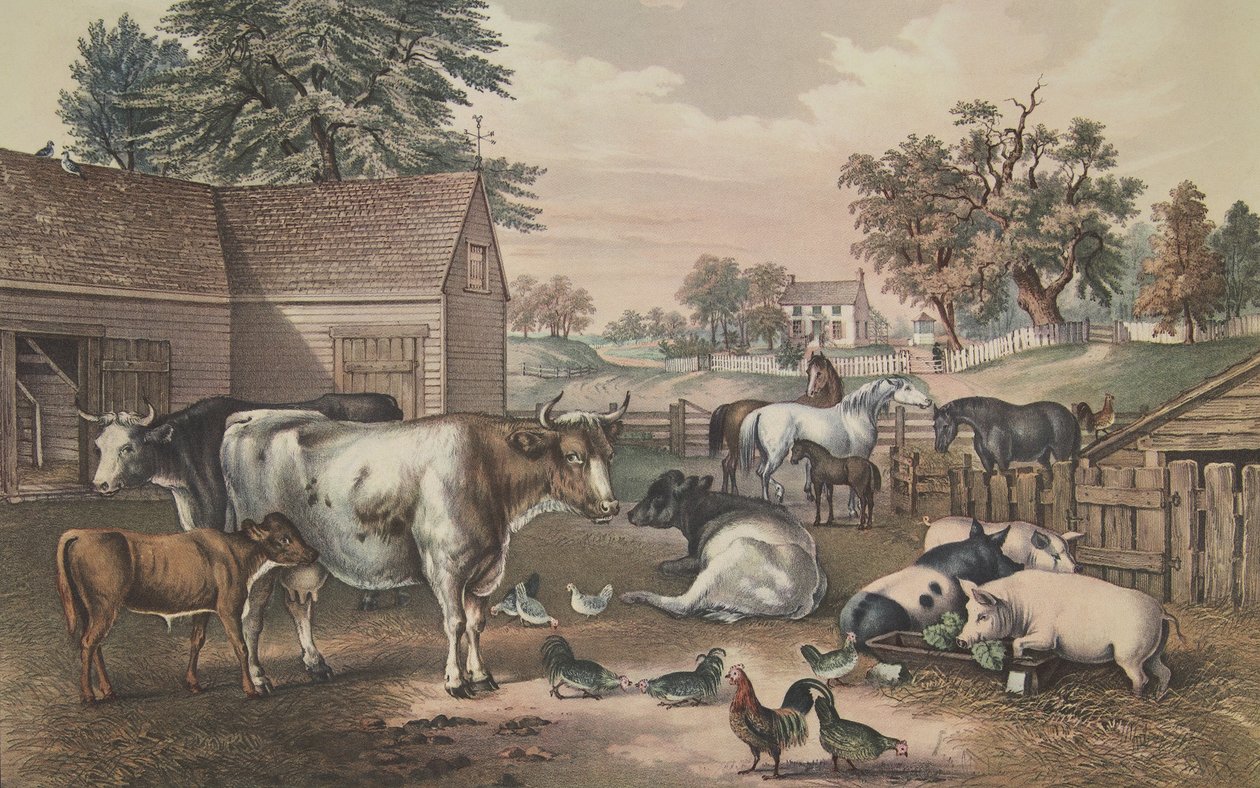 American Farm Yard - Akşam, bar. 1857, Köri & Ives by American School