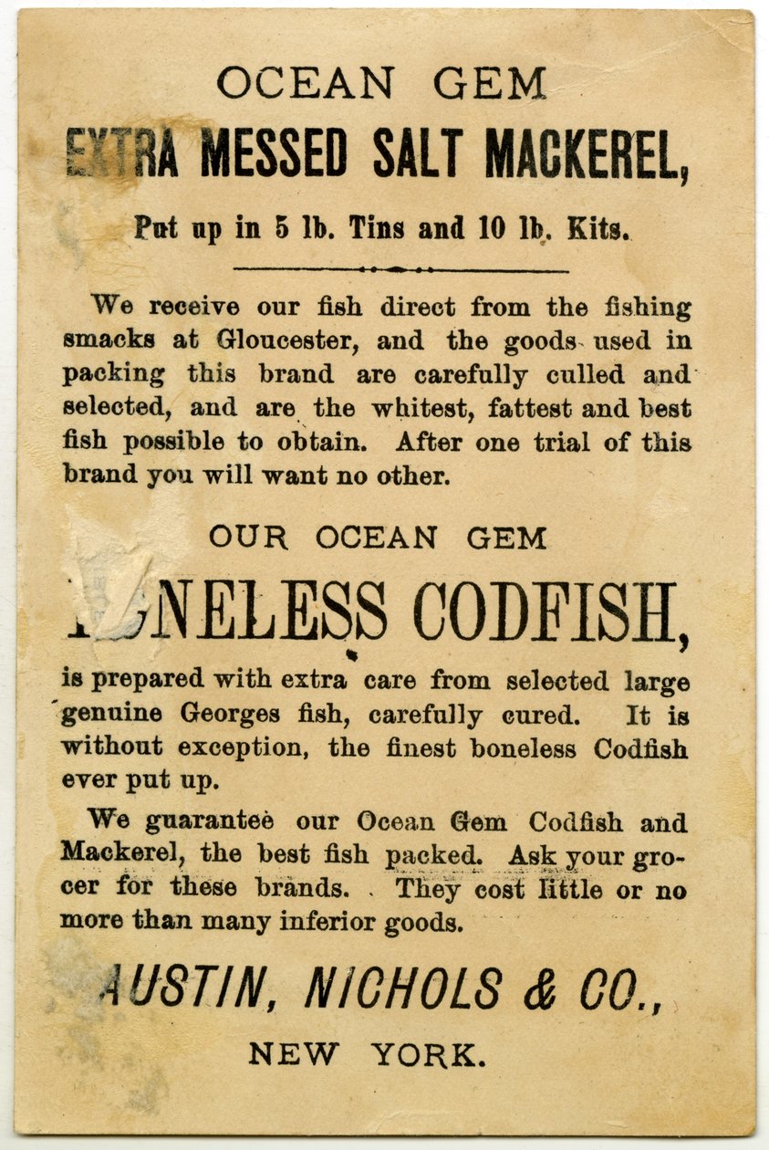 Austin, Nichols & Co. Ocean Gem Uskumru, ticaret kartı verso. (litografi [ticari kart]) by American School