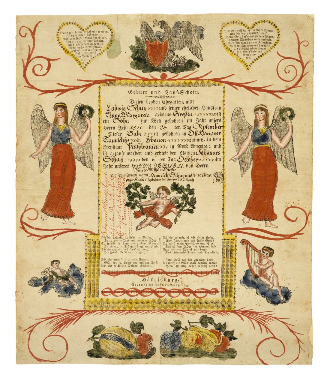 Doğum ve Vaftiz Belgesi, c. 1828 (kağıt üzerine elle boyanmış ahşap gravür) by American School