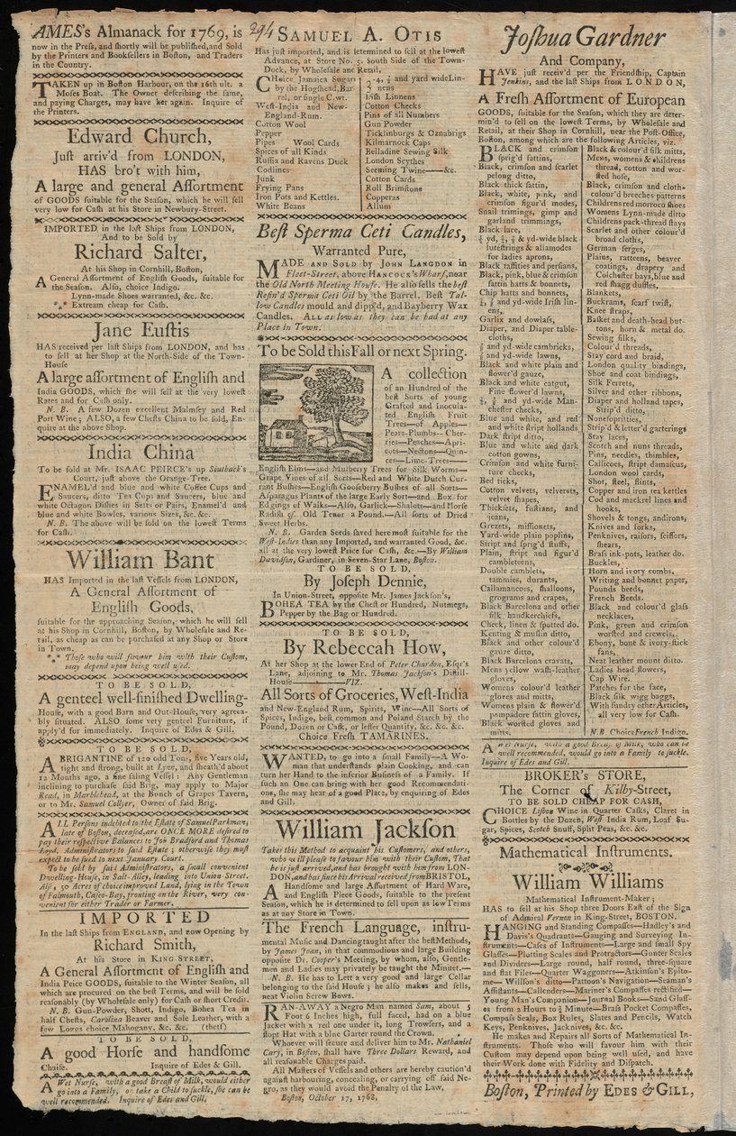 İthalat vergilerine ve ticaret kısıtlamalarına tabi mallar için Boston Reklamları, 7 Kasım 1768, Boston Gazette and Country Journal by American School