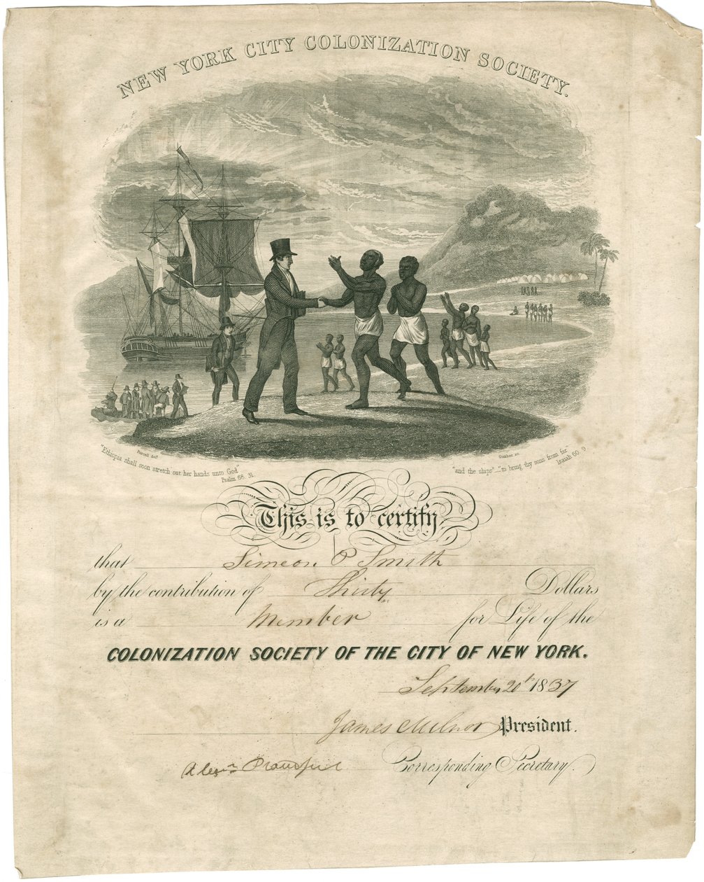Simeon P. Smith için Kolonizasyon Derneği Sertifikası, 1837 by American School