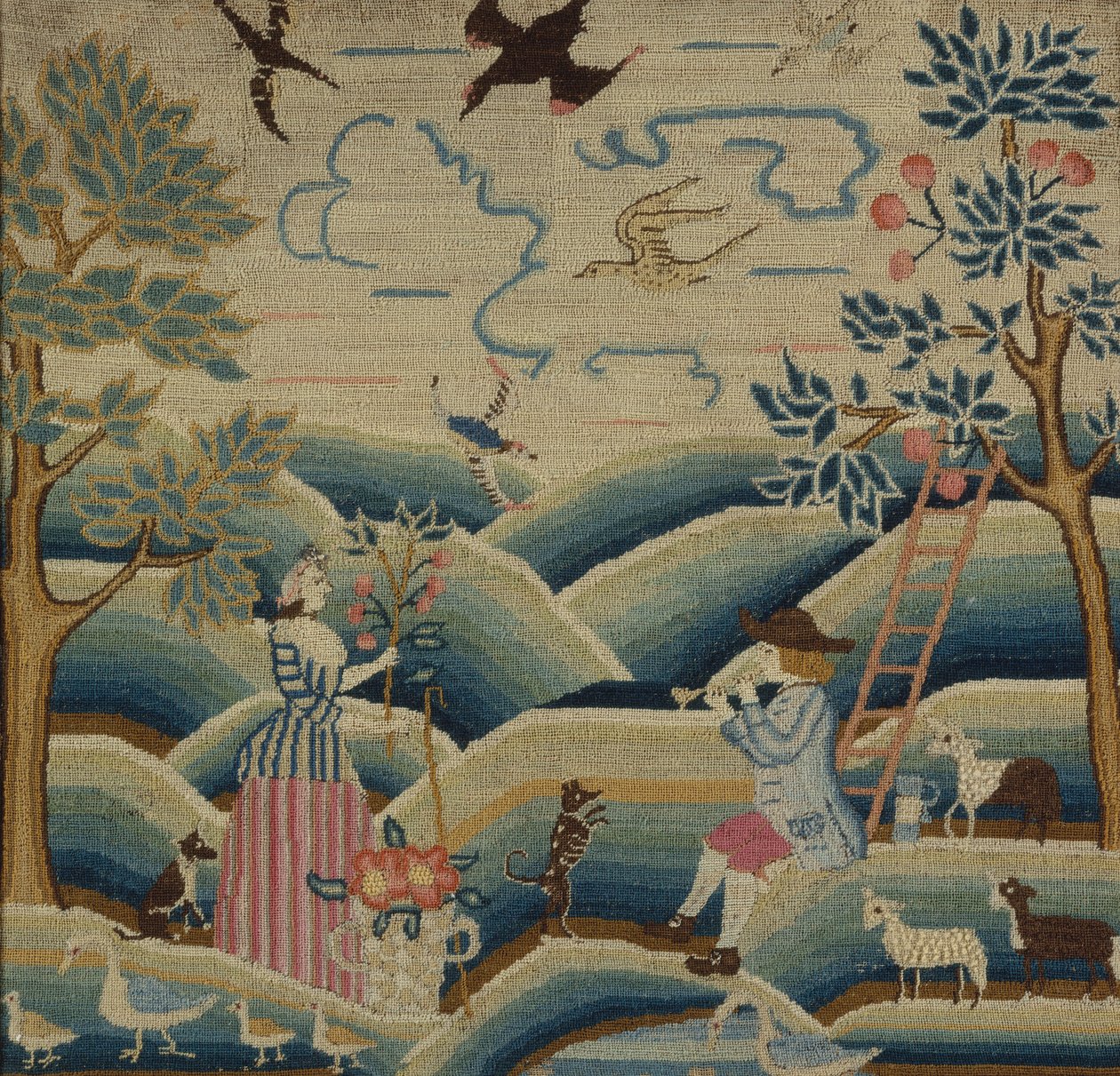 İşlemeli Resim, c.1740 (keten, yün ve ipek) by American School