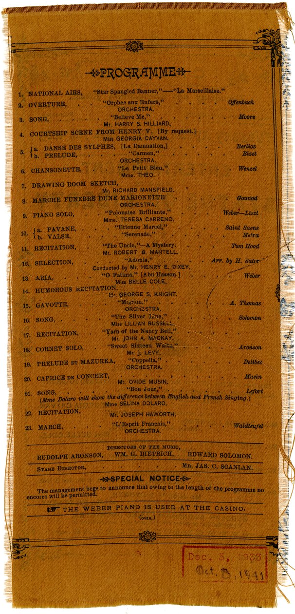 Özgürlük Heykeli Kaide Fonu Yardımında Eğlence [verso], 1885 (baskılı tekstil) by American School