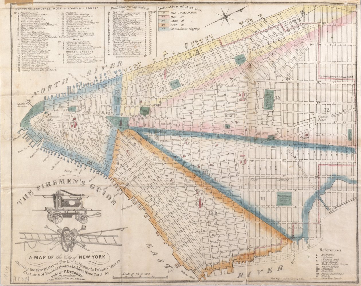 İtfaiyeciler Rehberi - İtfaiye Bölgelerini Gösteren New York Haritası, 1834 (kağıt üzerinde renkli yıkama ilaveleri olan siyah mürekkep) by American School