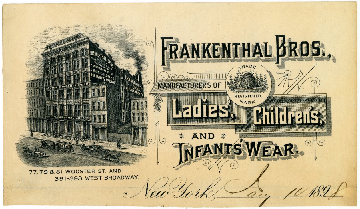 Frankenthal Bros., Bayan, Çocuk ve Bebek Giyim Üreticileri [ticari kart], 1898 by American School