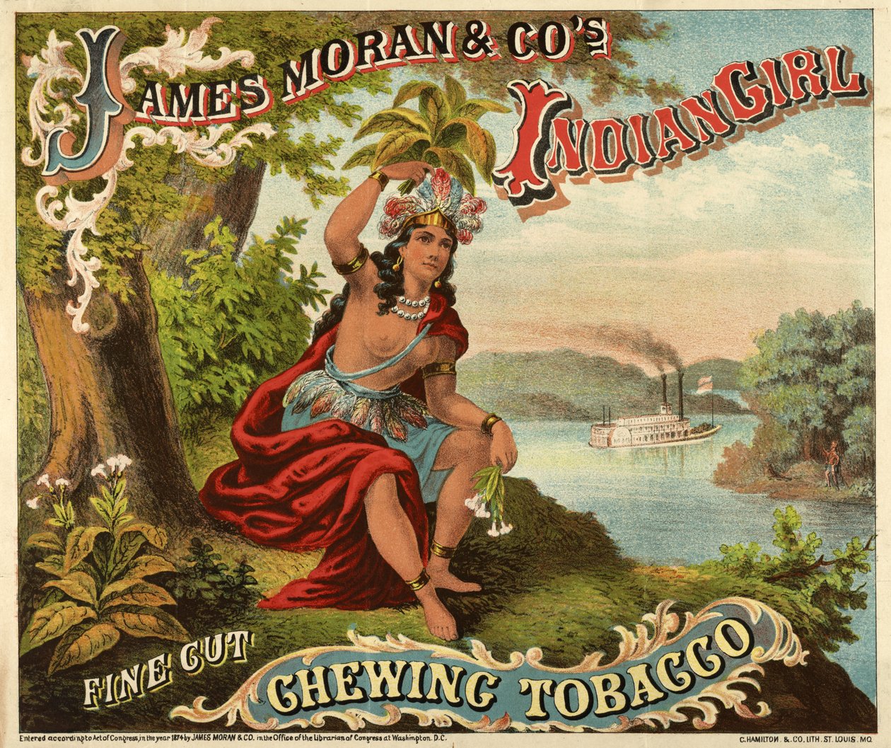 James Moran & Co.s Indian Girl Fine Cut Chewing Tobacco, pub., c.1874 (oolour litho) by American School