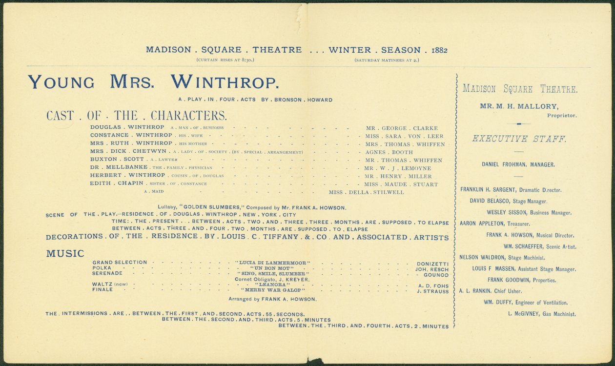 Madison Square Tiyatrosu, 1882-83 Kış Sezonu, Genç Bayan Winthrop için program. [iç], 1882 by American School