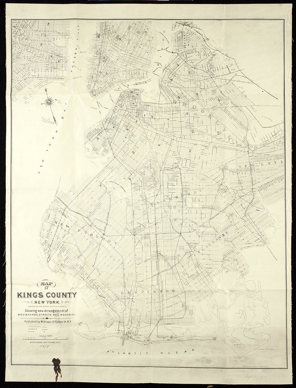 Kings County, New York, 1879, 1879 haritası (kağıt üzerine siyah mürekkep, arkası bezle kaplı) by American School