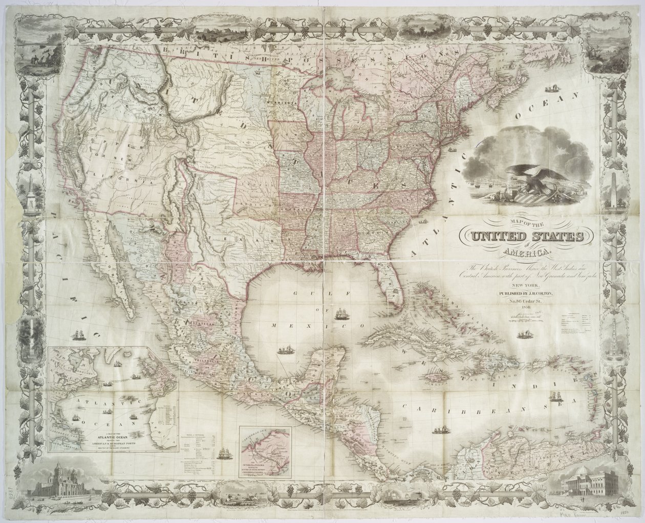 Amerika Birleşik Devletleri, İngiliz eyaletleri, Meksika, Batı Hint Adaları ve Orta Amerika Haritası, 1850 (el renkli baskı) by American School